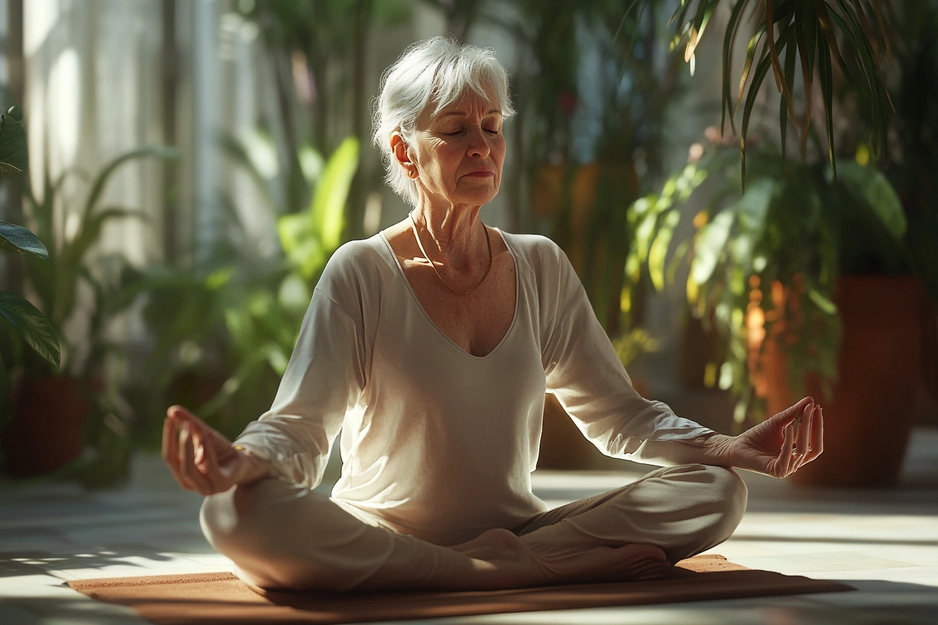 Старша жінка практикує йогу у спокійній обстановці